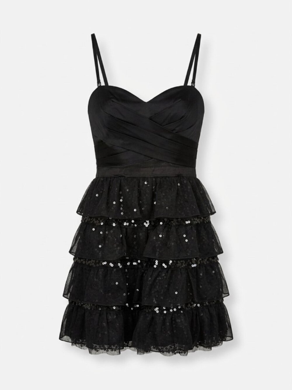 BCBGMAXAZRIA Black Sequin Tulle Tiered Mini Dress Bustier Corset Party Size 6
